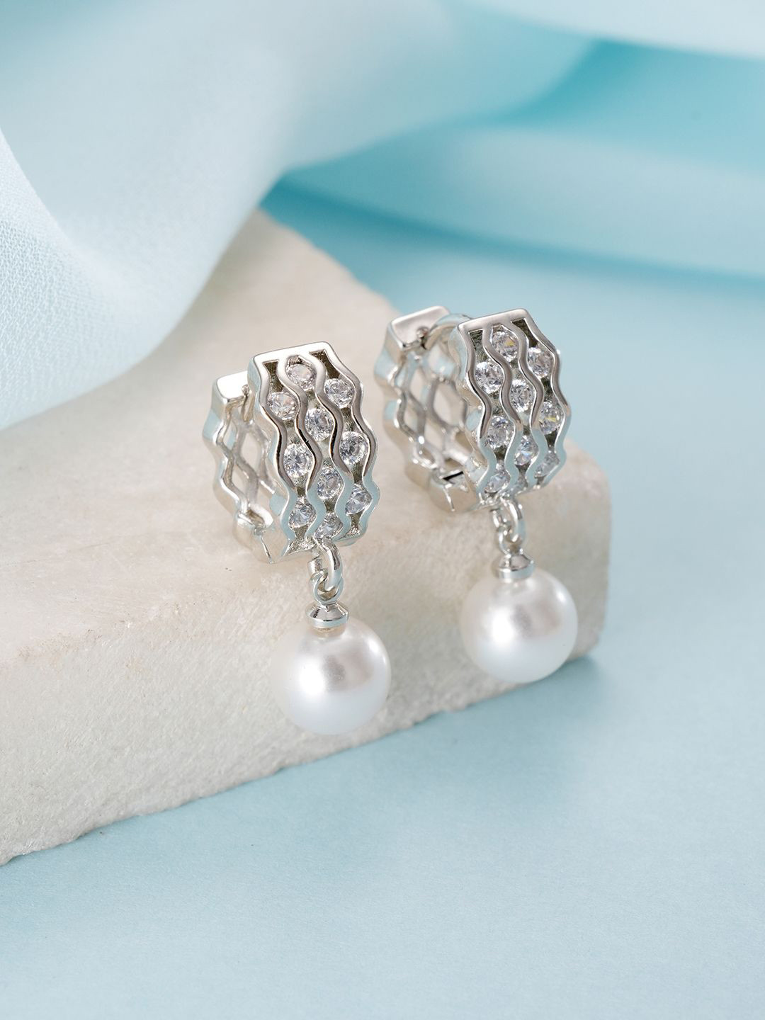 Jazz and Sizzle Silver-Plated American Diamond Studded & Pearls Contemporary Hoop Earrings