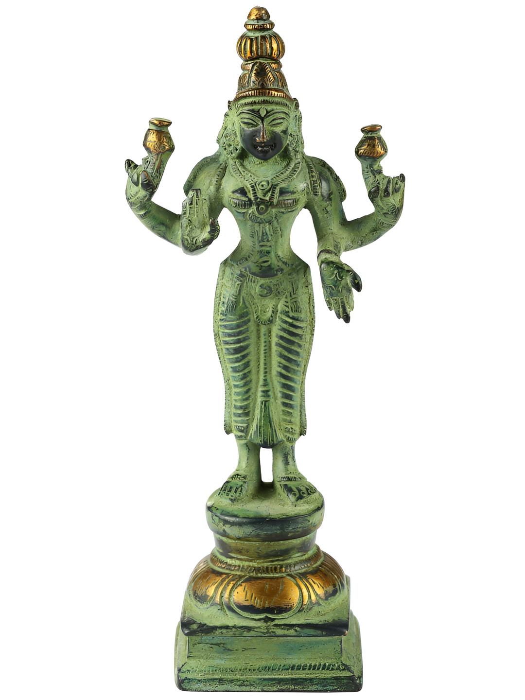 Exotic India Four-Armed Standing Lakshmi Gold Brass Metallic Prayer Room Medium Showpiece - 6.5 Inches