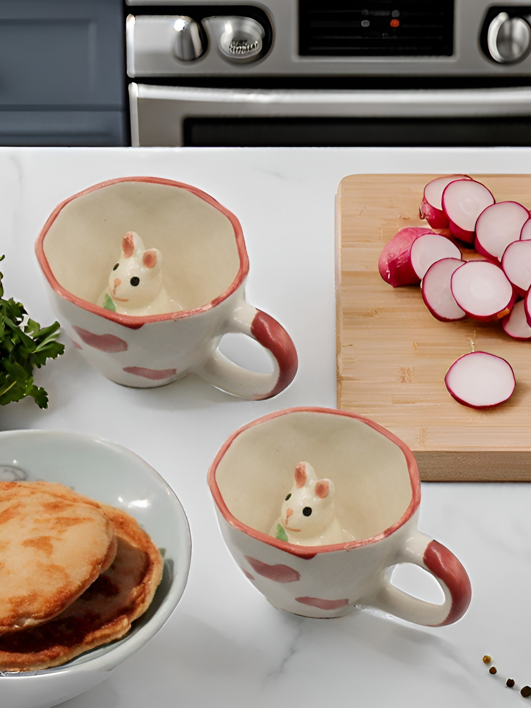 Kraftlik Handicraft PREMIUM HOUSEWARE Classic White Animal Print Ceramic Handmade 2 Piece Mugs-240ml