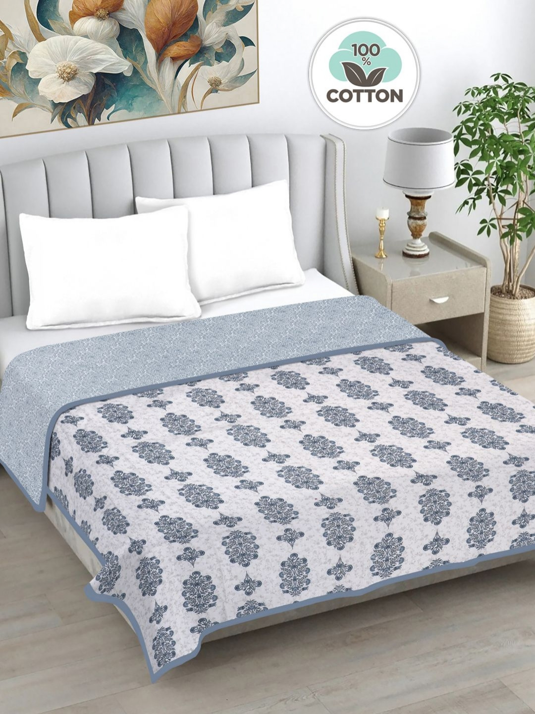 Myntra Elegant Homes White & Blue Floral AC Room 233 GSM Double Bed Dohar