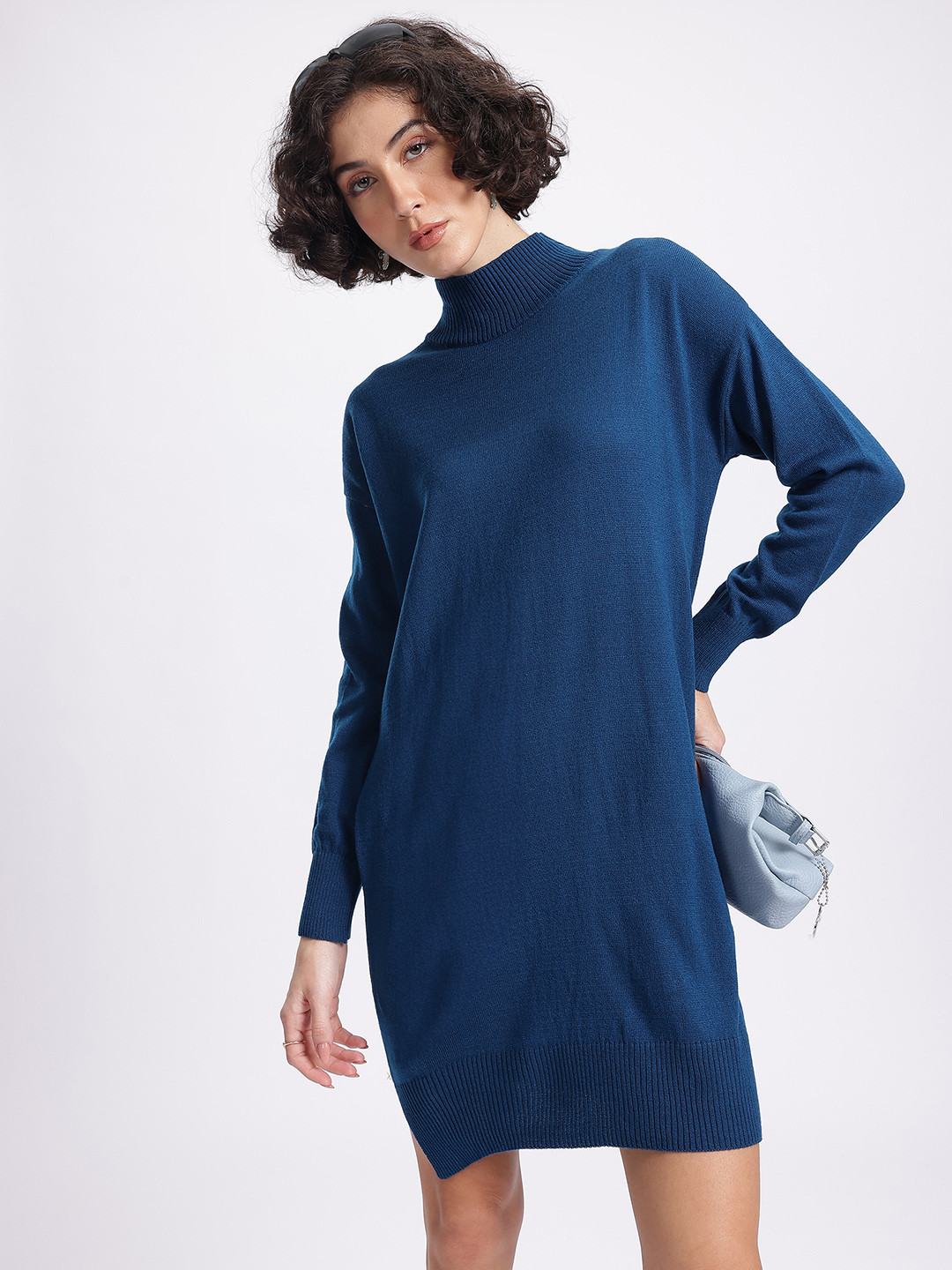 glitchez Drop-Shoulder High-Neck Knitted Winter Dress