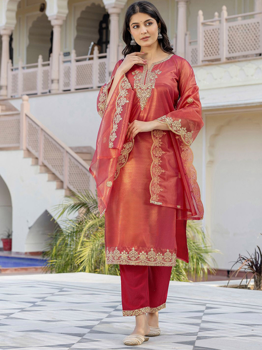 SANISA Women Ethnic Motifs Embroidered Regular Sequinned Kurta with Trousers & With Dupatta