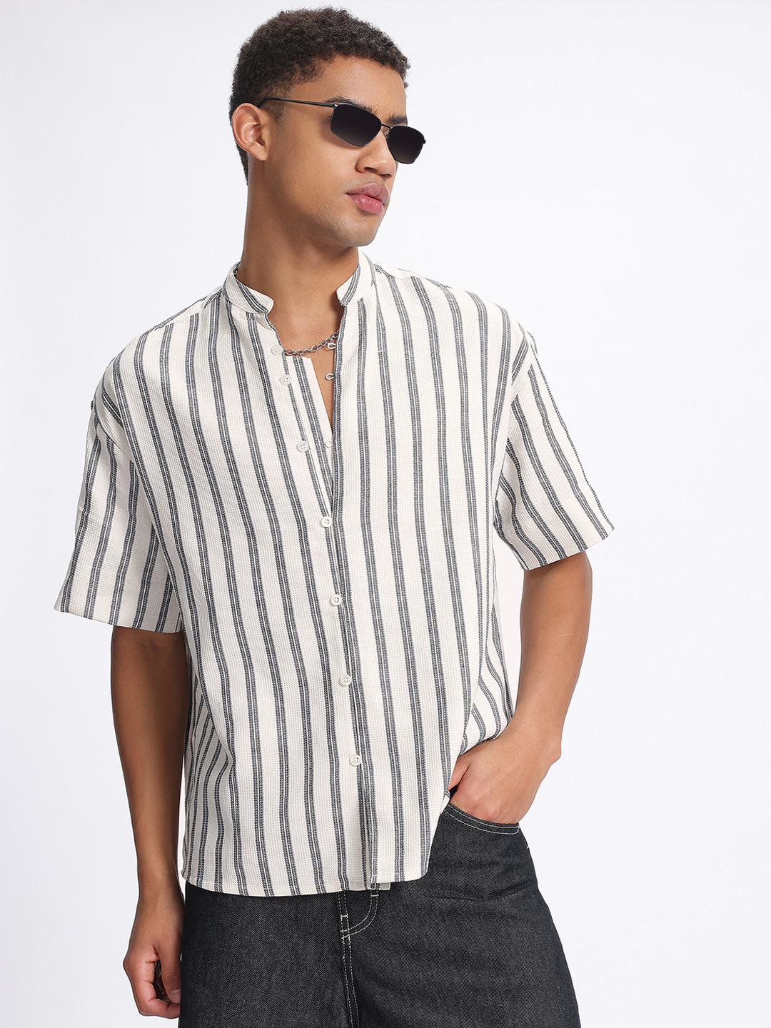 glitchez Monochrome Stripe Textured Relaxed Shirt