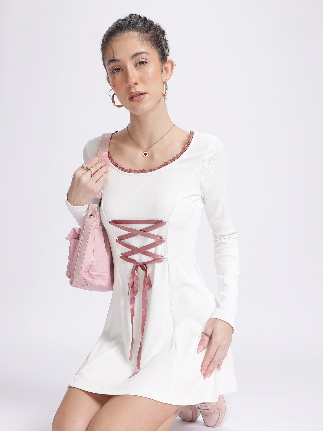 glitchez Tie-Up Ribbed Lace Insert Detail Mini A-Line Dress