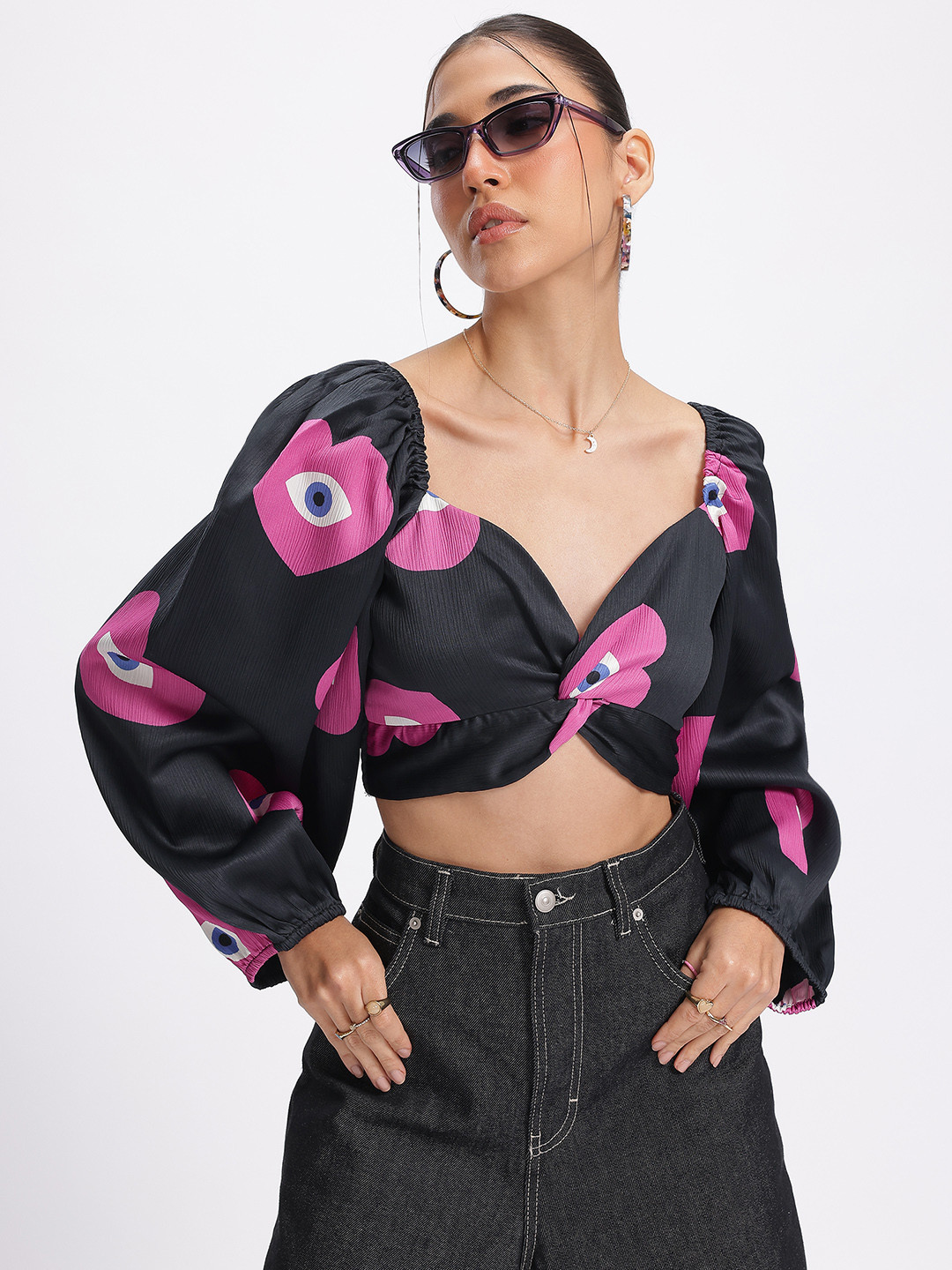 glitchez Conversational Print Smocked Crinkled Puff Sleeves Crop Top