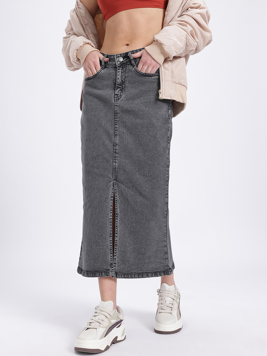 glitchez Women Light Fade Pencil Denim Midi Skirt With Slits