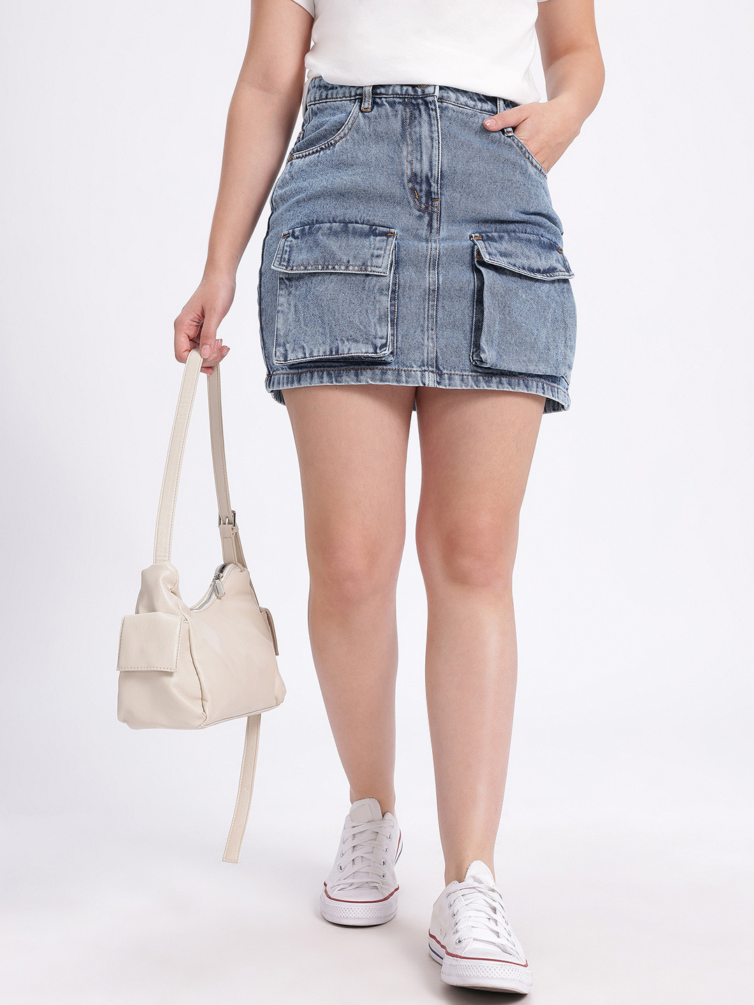 glitchez Faded Utility Cargo Denim Straight Mini Skirt