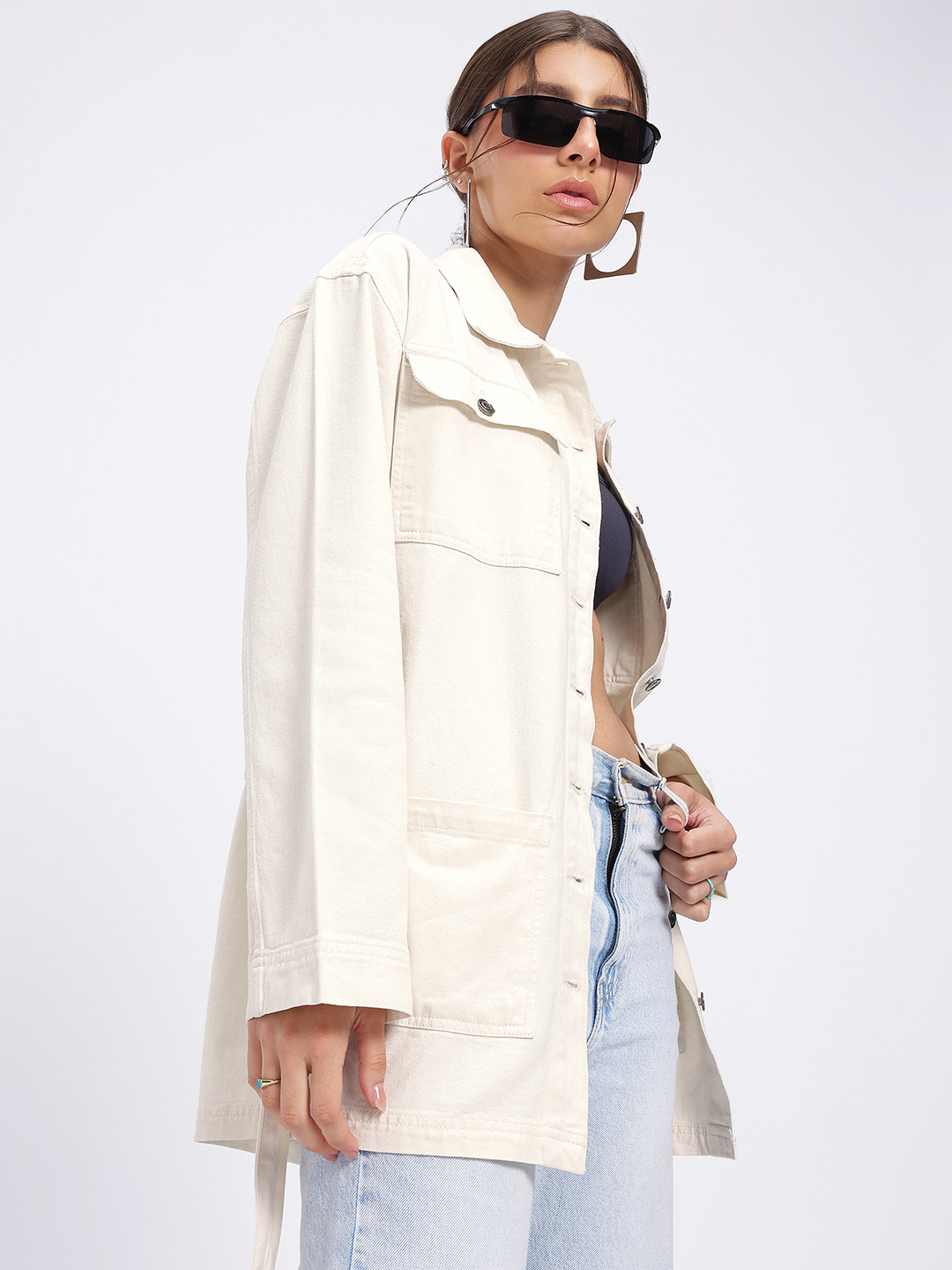 glitchez Pure Cotton Drop-Sleeves Longline Denim Jacket with Belt