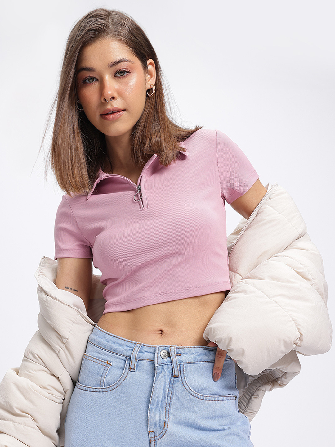 glitchez Shirt Collar Crop Top