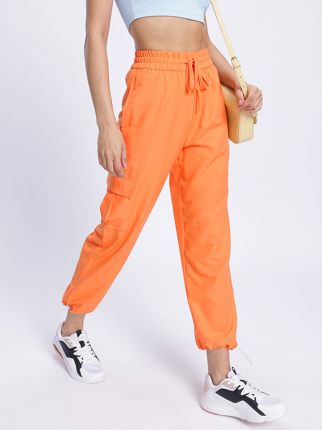 glitchez Women Cargo High-Rise Crop Parachute Relaxed Fit Trousers with Toggle Hem