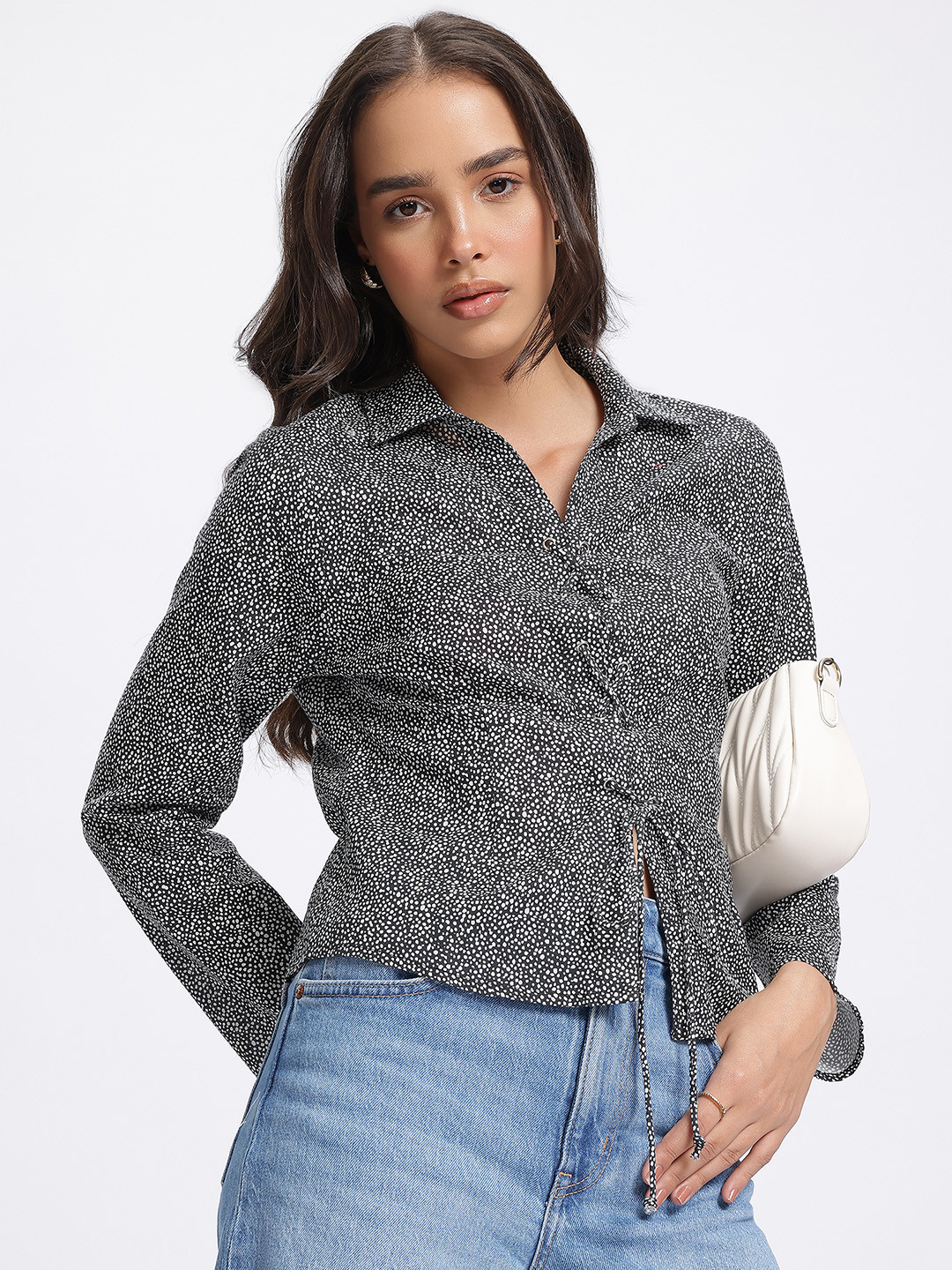 glitchez Printed Front Lace-Up Shirt Style Top