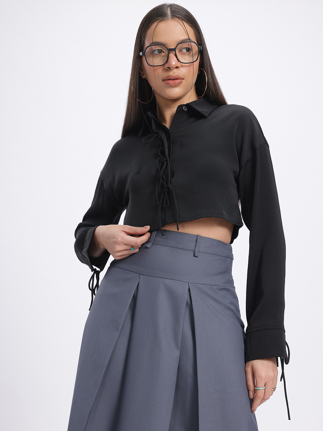 glitchez Tie-Up Detailed Crop T-Regular Fit Regular Fit Shirt