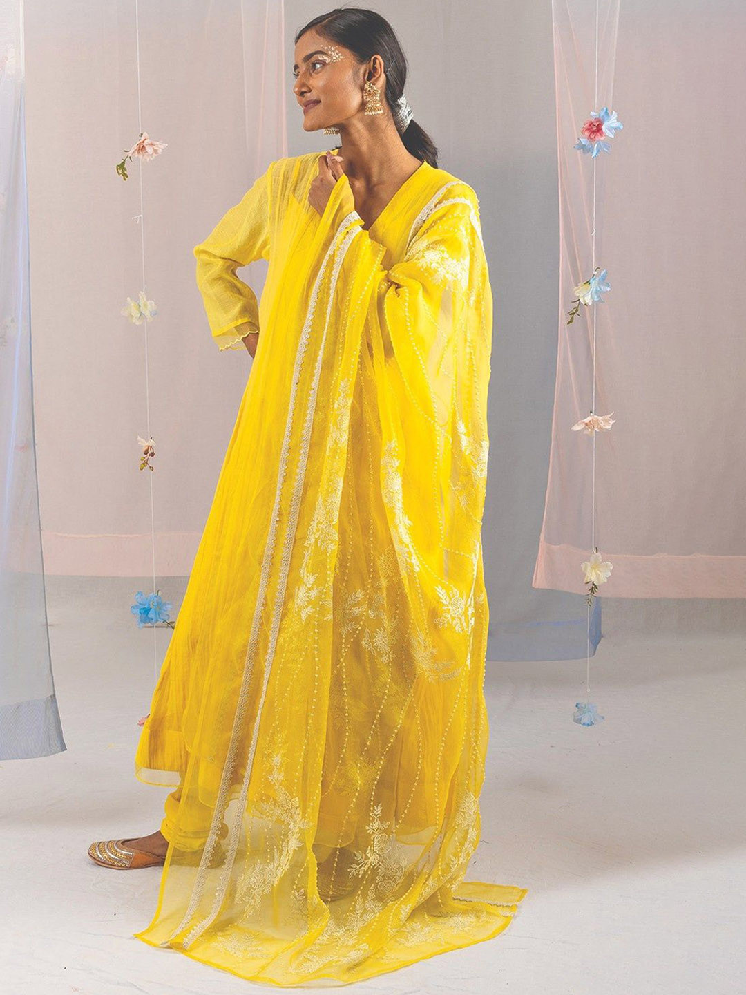 Kyra V-Neck Angrakha Anarkali Chanderi Cotton Kurta With Trousers & Dupatta