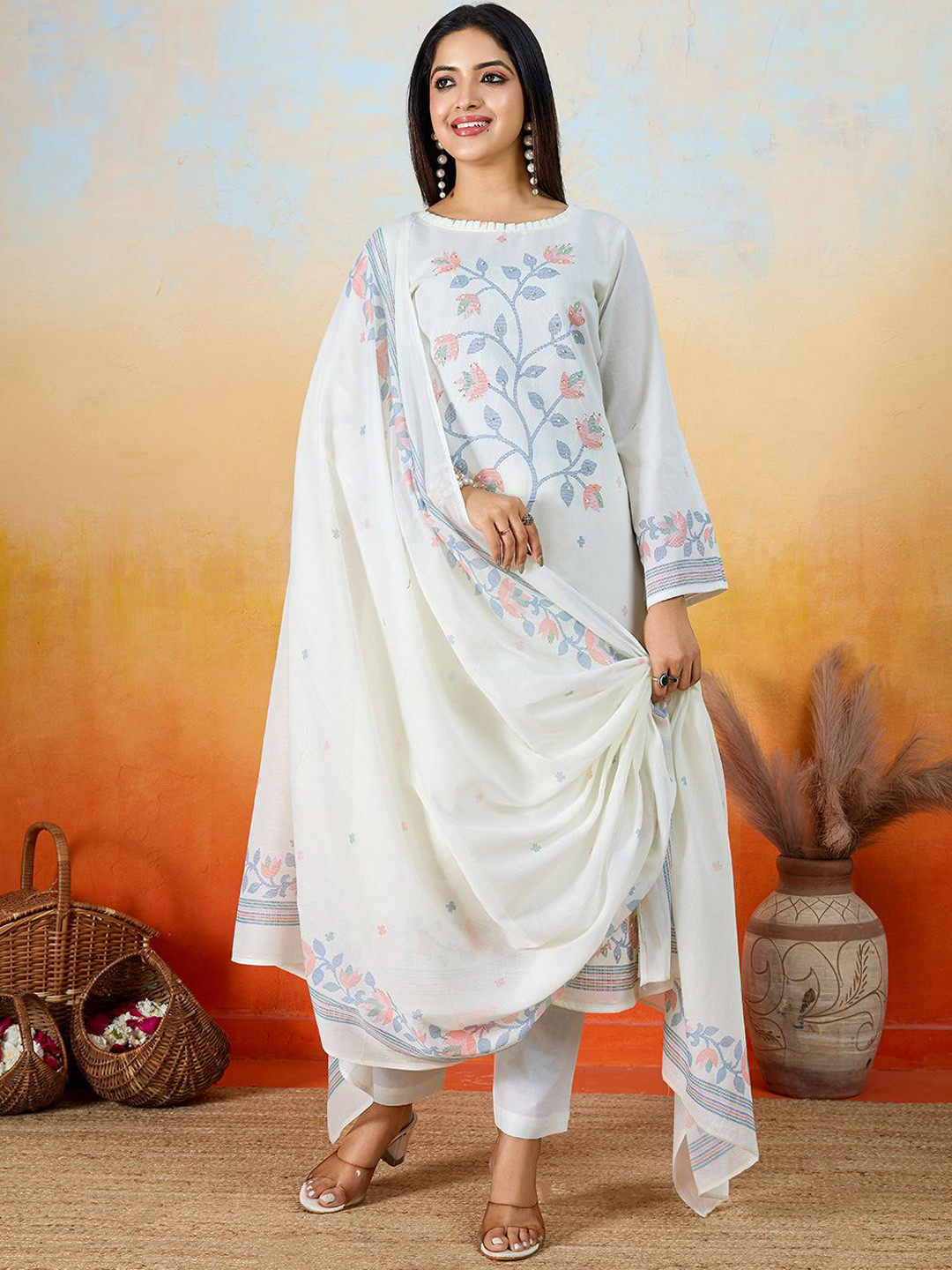 IOLY Floral Printed Pure Cotton Straight Kurta With Trouser And Dupatta