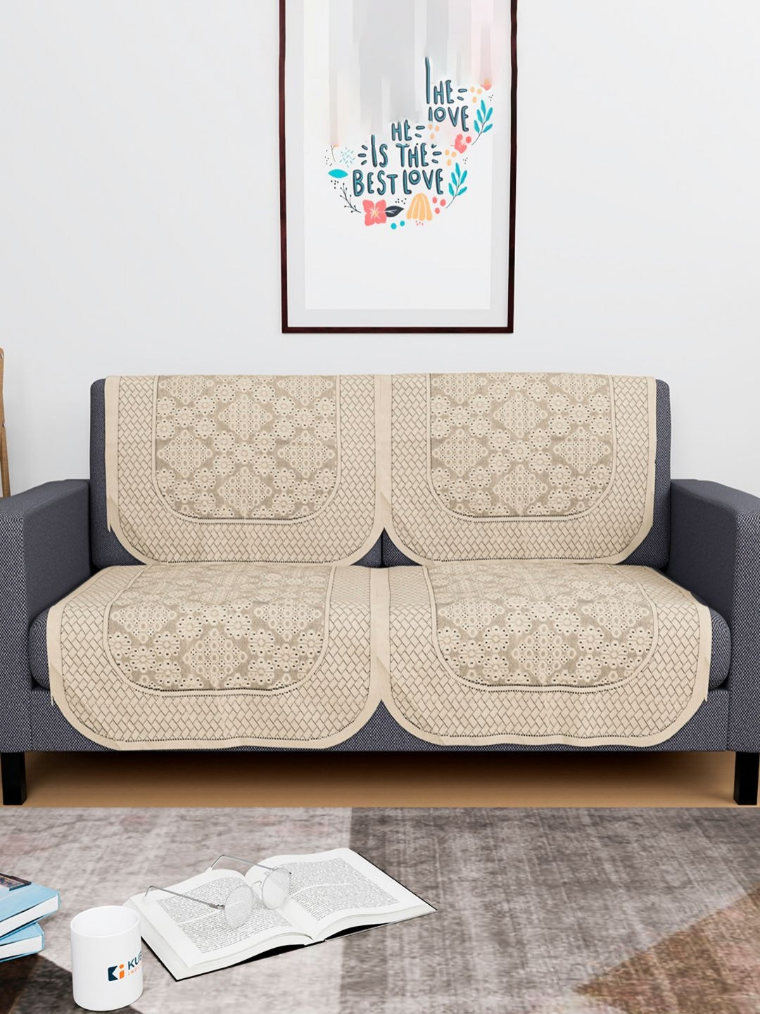 Aura Cream-Coloured Cotton 4 Piece Protective Sofa Cover 2 Seater Anti Slip Sofa Cover