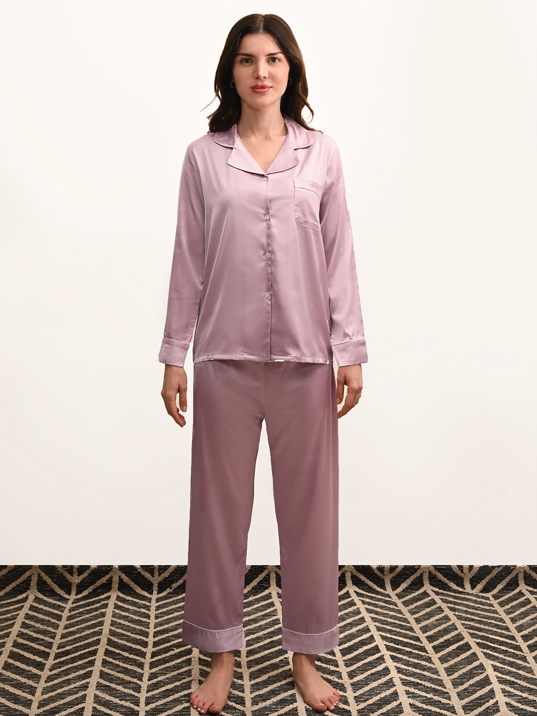 Sleepsia Women Ballerina Pink Satin Lapel Collar Full sleeves shirt & pyjama Night Set