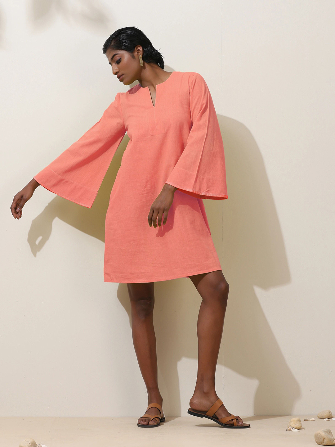 trueBrowns Solid Bell Sleeve A-Line Short Dress