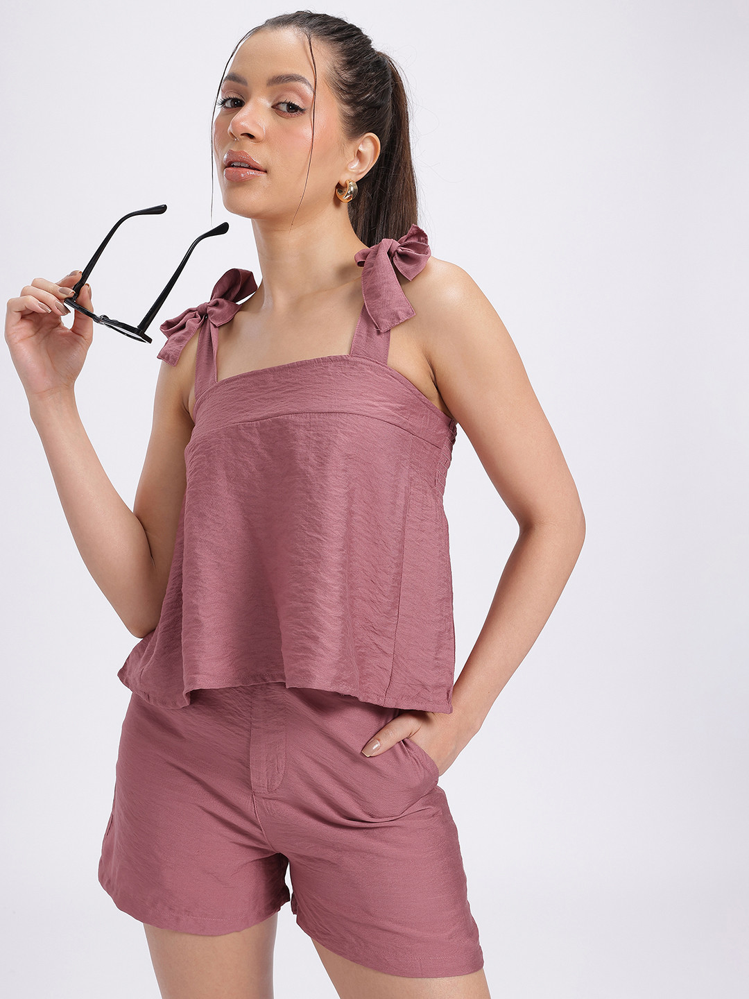 glitchez Smocked Effect Shoulder Straps A-Line Top with Shorts