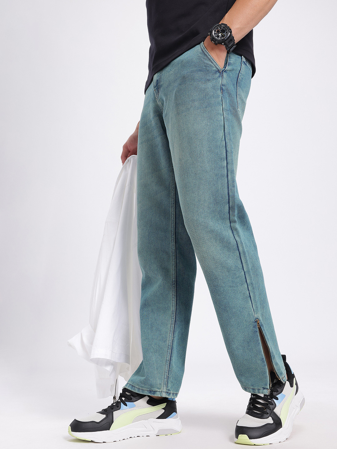 glitchez Men Vintage Wash Slit Hem Straight Jeans