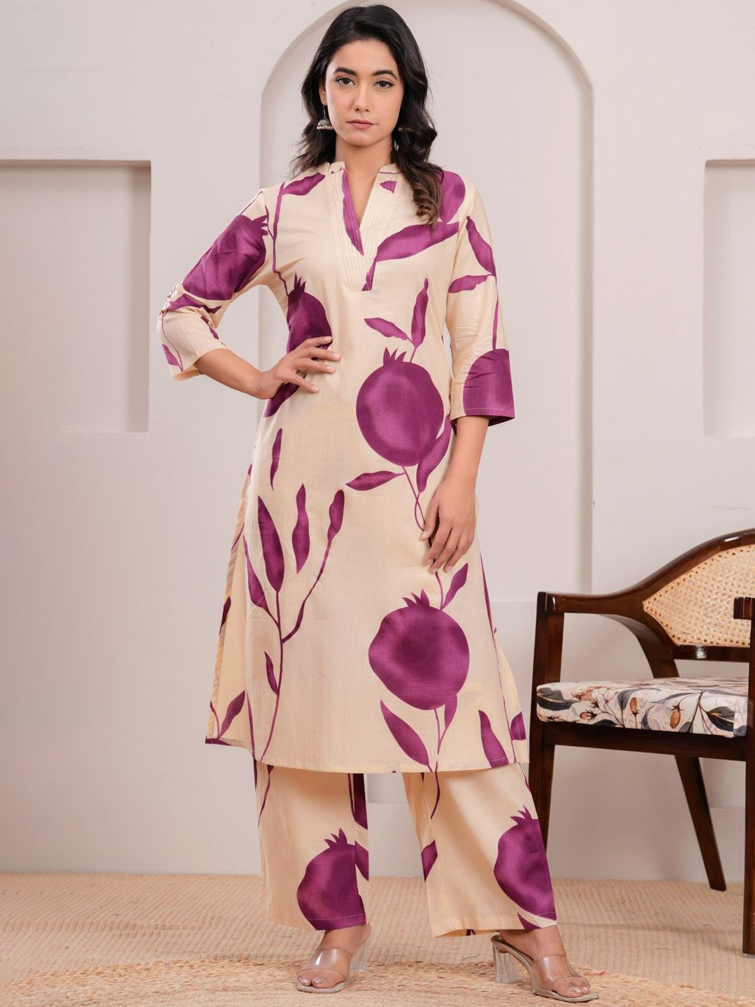 AUTUMN LANE Maurya Rouge Floral Printed Mandarin Collar Pure Cotton Kurta With Palazzos