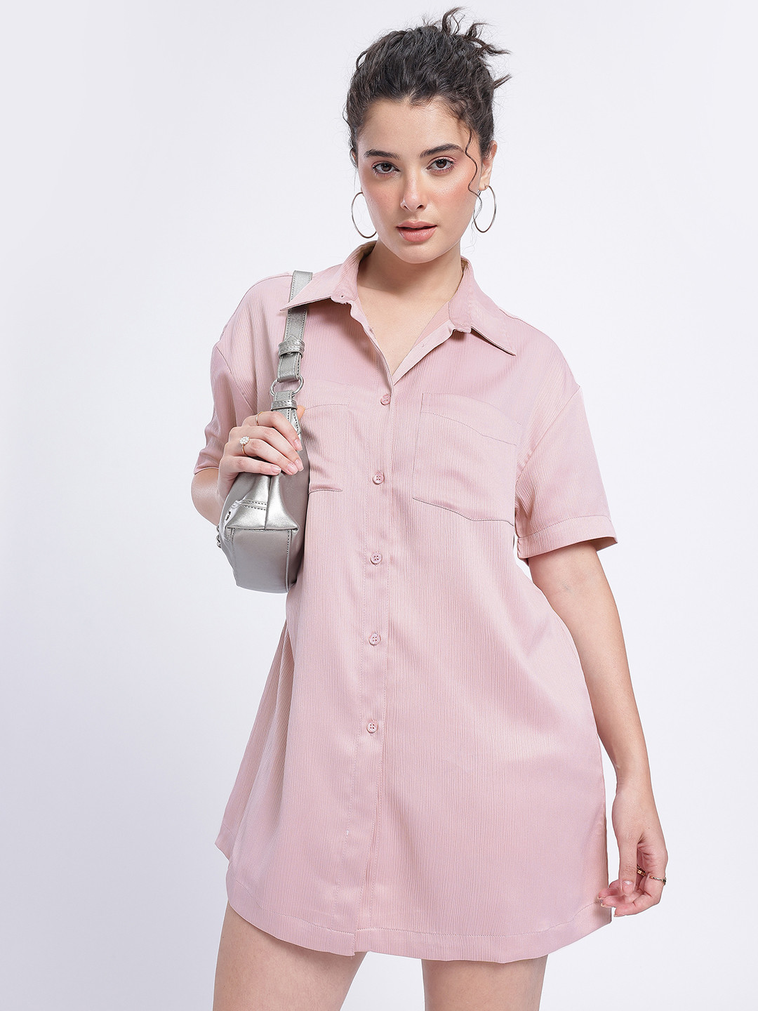 glitchez Textured Regular Fit Mini Shirt Dress