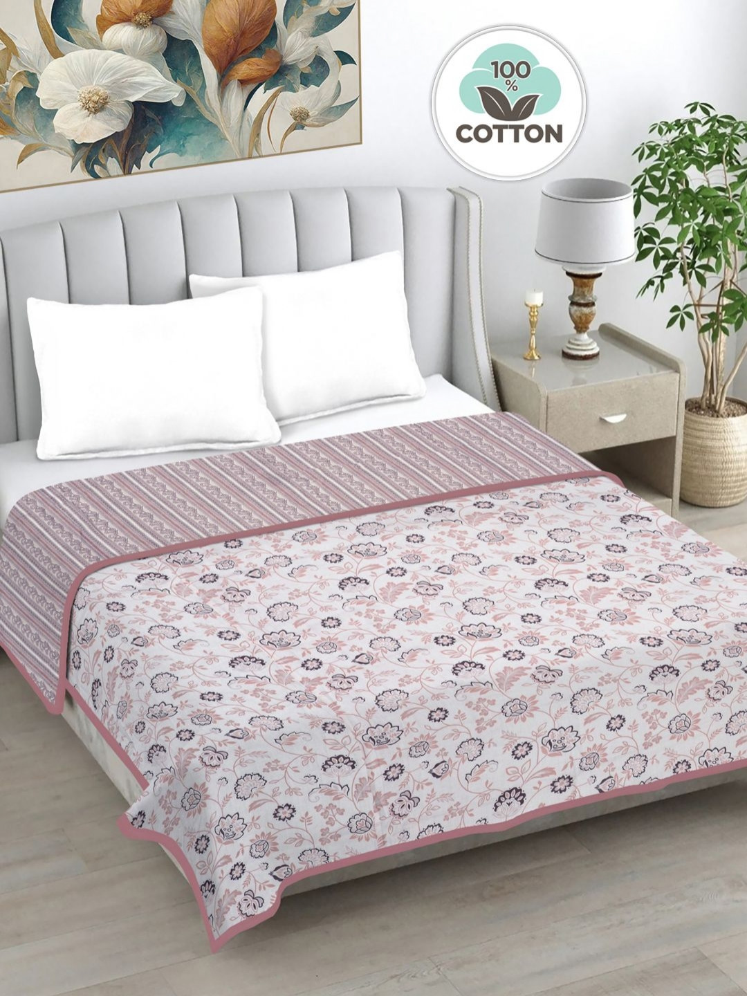 FABINALIV White & Pink Printed Pure Cotton 233 GSM Reversible AC Room Double Bed Dohar