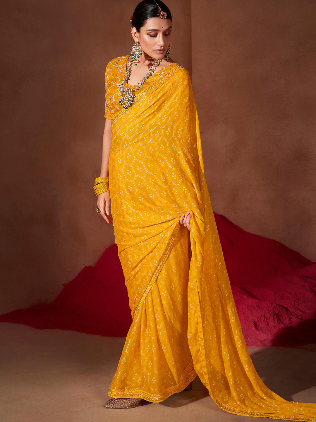 TIRA Moss Chiffon Bandhani Foil Printed Sequinned Saree