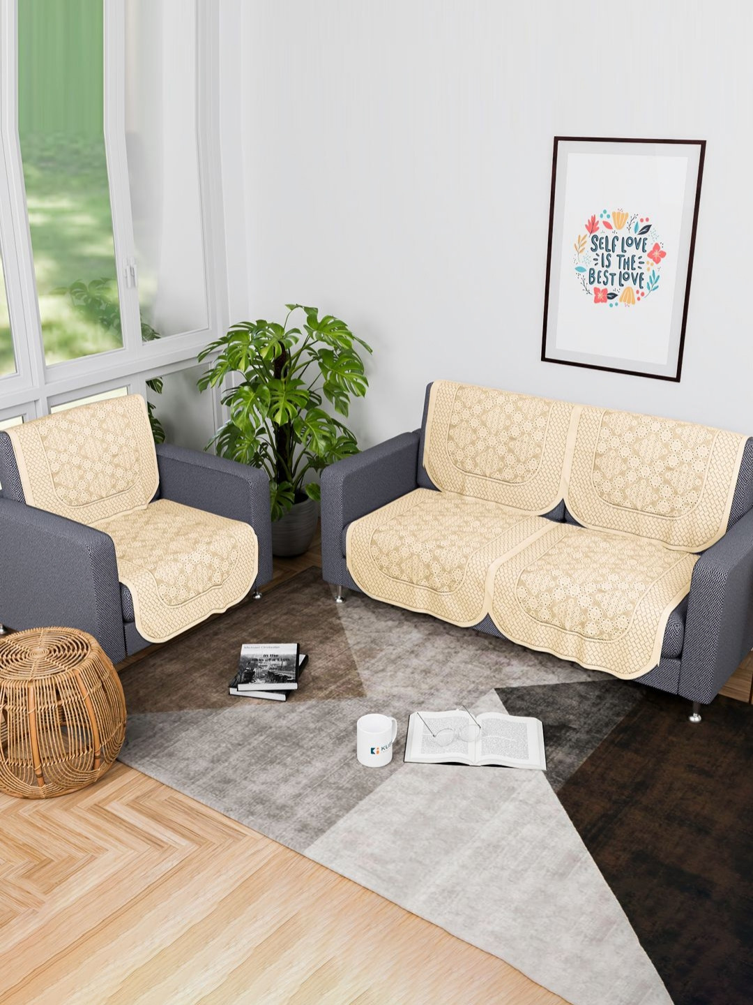 Aura 6 Pcs Set Self Boring Design Cream-Coloured Cotton 2+1 Seater Anti Slip Sofa Cover