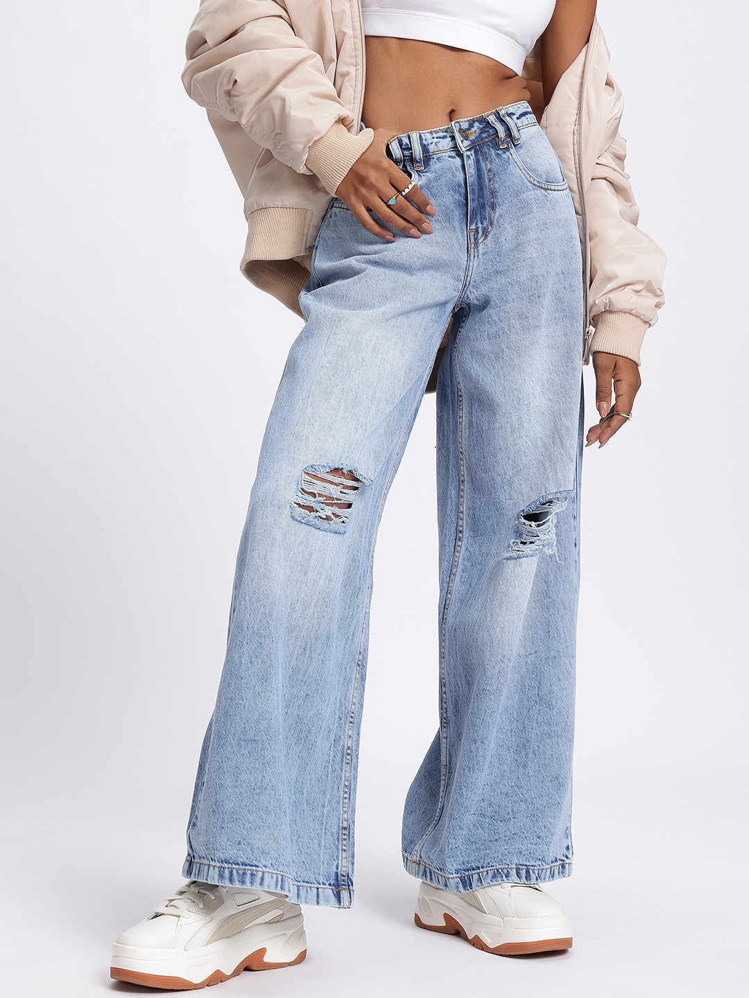 glitchez Women Distressed Palazzo Fit Wide Leg Jeans
