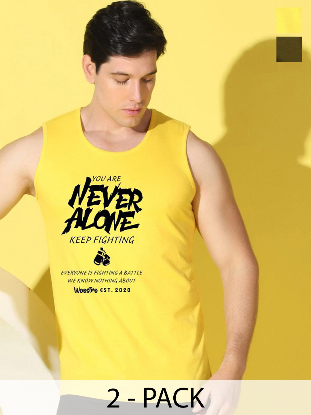 WoWOOSTRO Pack Of 2 Printed Combed Cotton Gym Vests VWS26(ALONE YELLOW)(ALONE OLIVE)