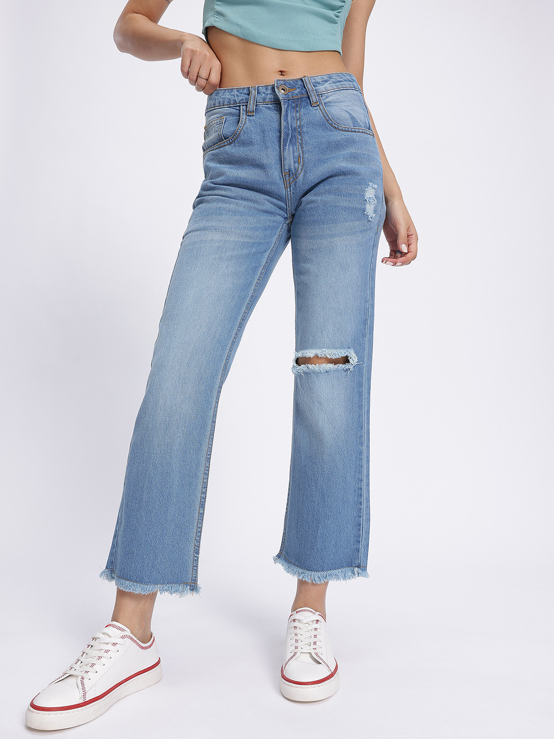 glitchez Women Ripped Frayed Hem Straight Fit Cropped Jeans