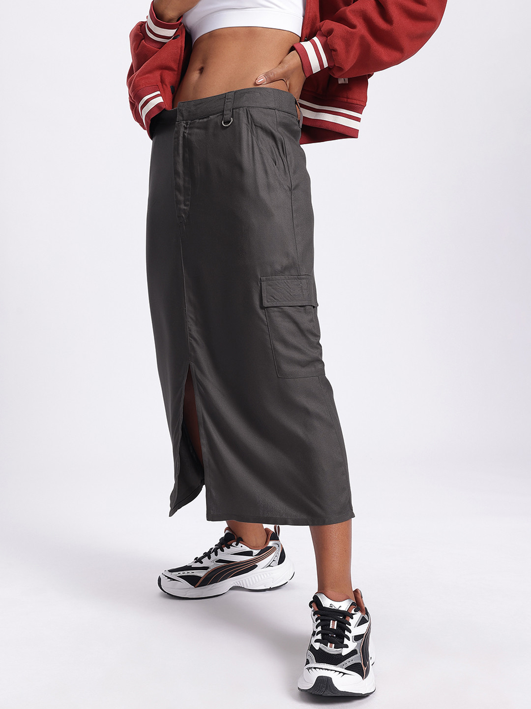 glitchez Front Slit Twill Midi Cargo Style Skirt