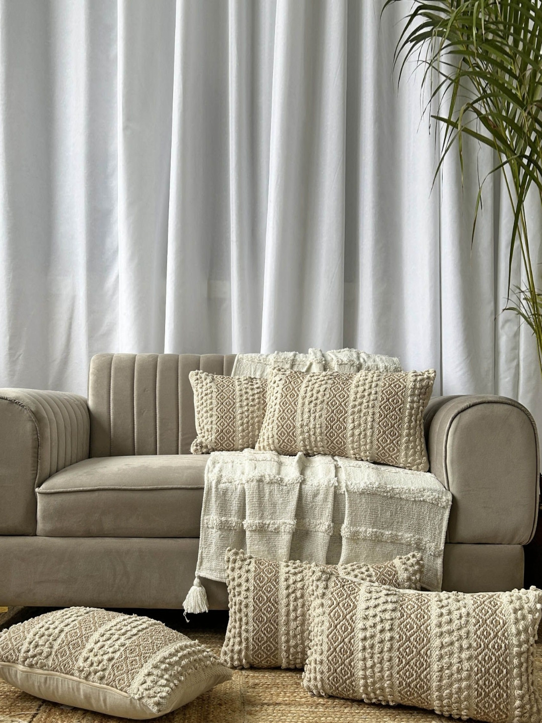EXPORT HOUSE Beige 5 Pieces Self Design Square Cushion Covers