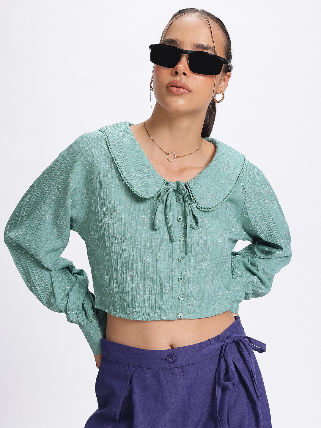 glitchez Above the Keyboard Collar Embroidered Shirt-Style Top