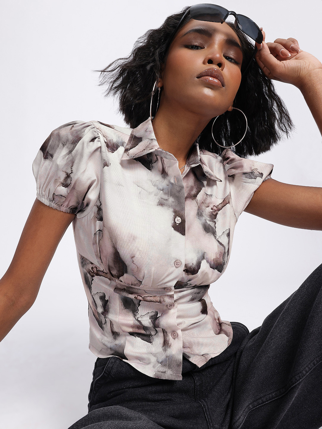 glitchez Printed Fitted Puff Sleeve Shirt