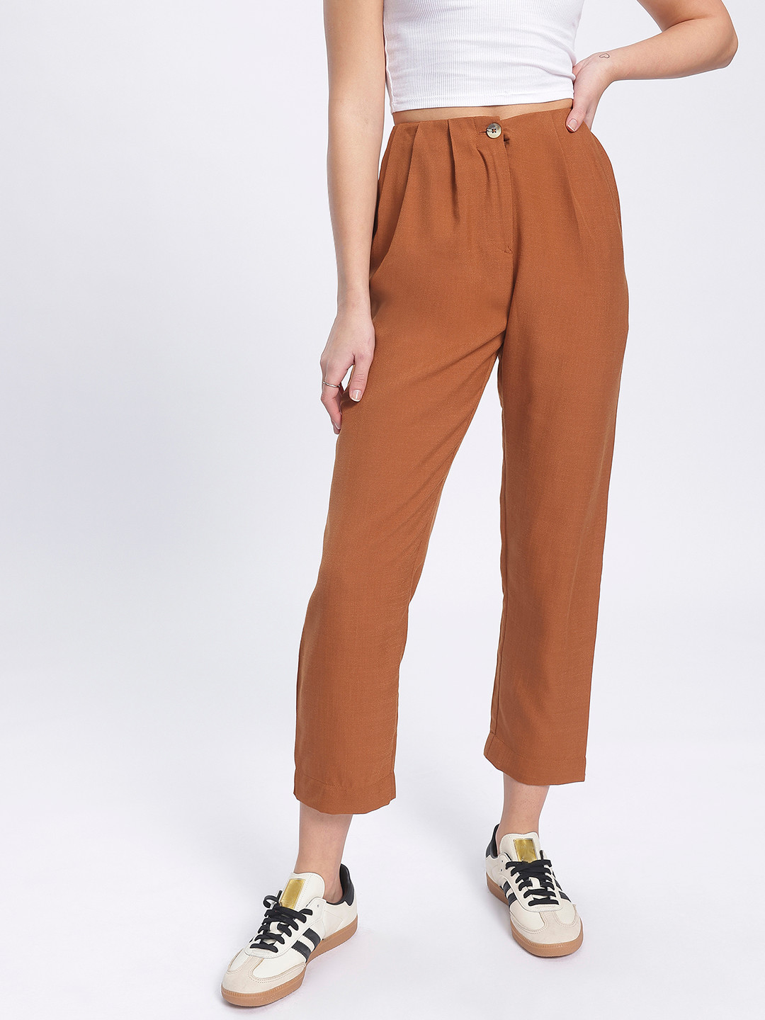 glitchez Women Refined Revival Pleated Cropped Tapered Fit Trousers