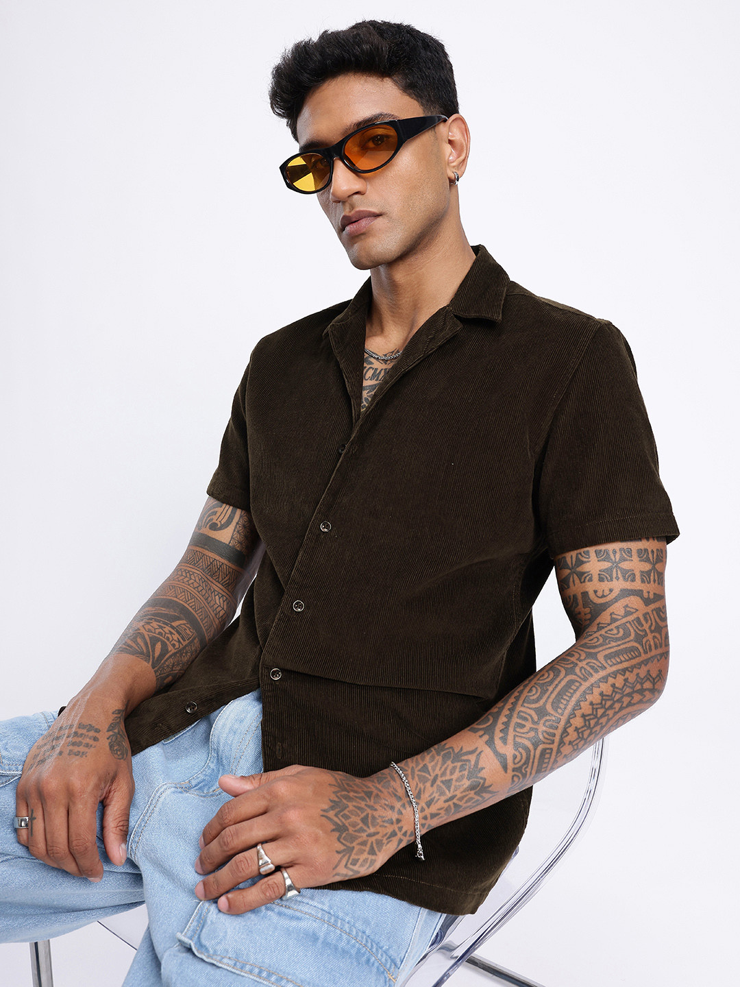 Brown Corduroy Casual Cuban Collar Shirt
