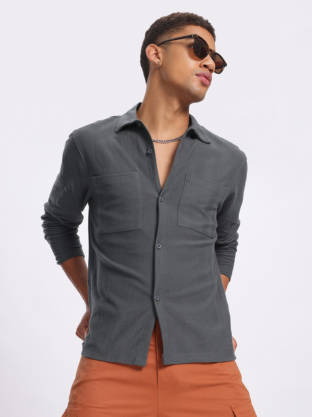 glitchez Chevron Textured Pure Cotton Casual Shirt