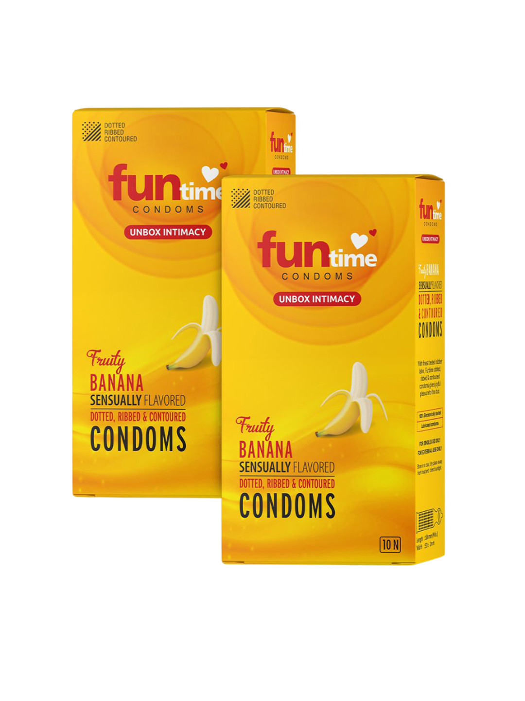 Funtime Pack Of 2 Long Lasting Dotted & Ribbed Climax Control Condoms - 20 Pcs -Banana