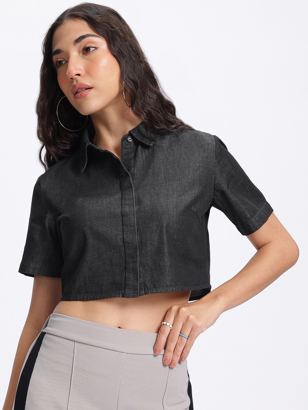 glitchez Button-Down Crop Shirt