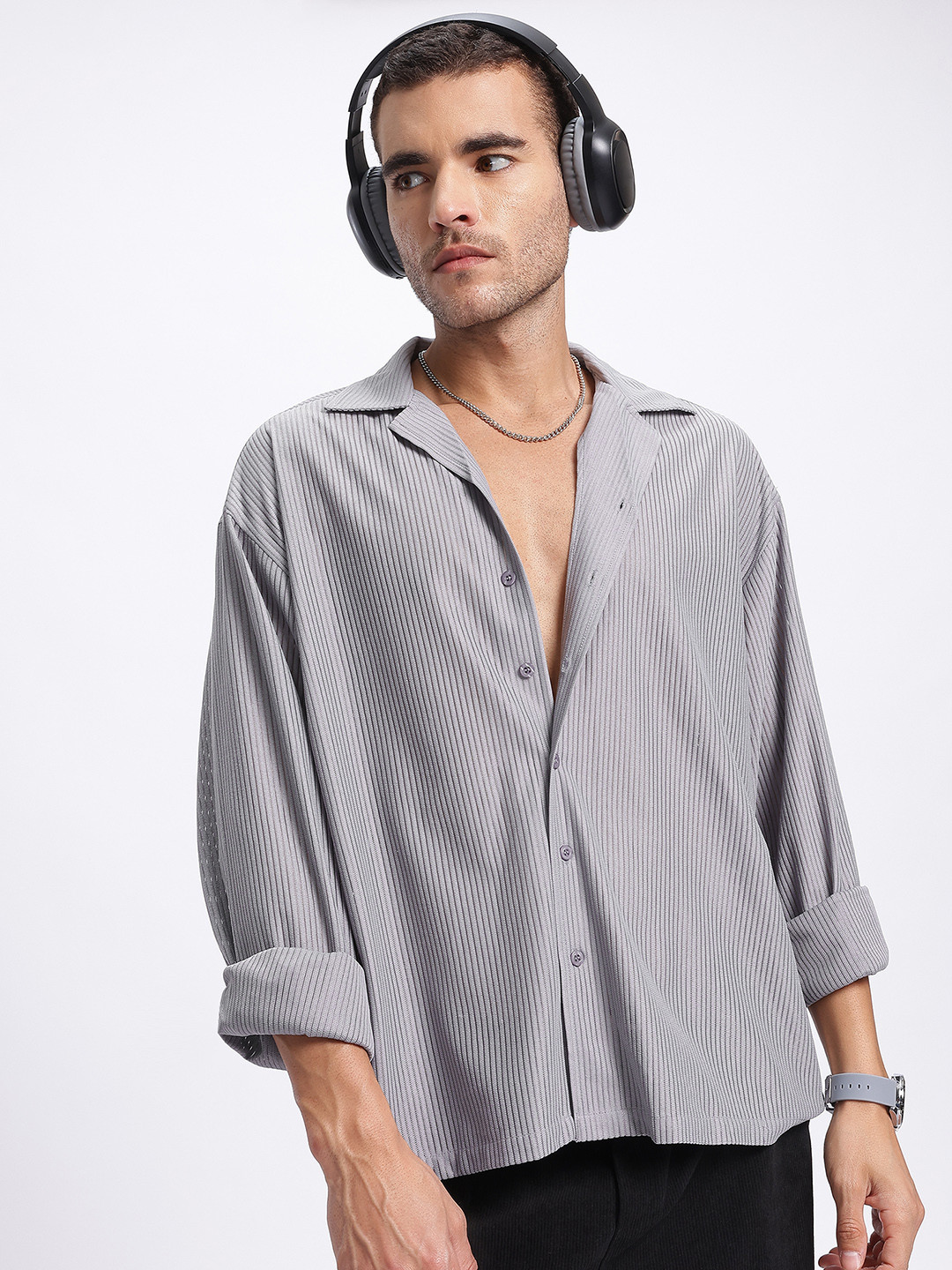 glitchez Textured Self-Stripe Oversize Shirt