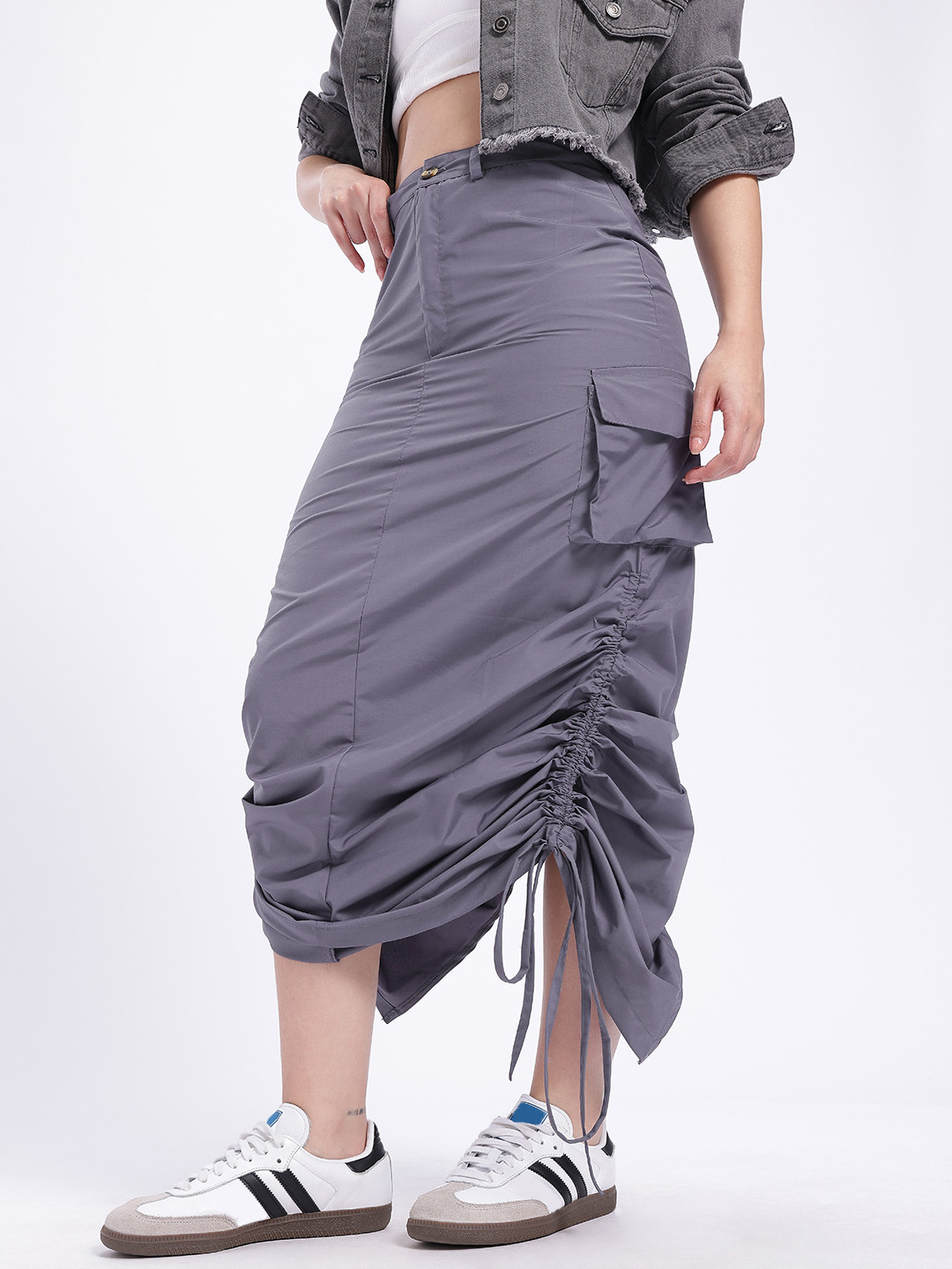 glitchez Tie-Ups Pure Cotton Cargo-Style Midi A-Line Skirt with Back Slit