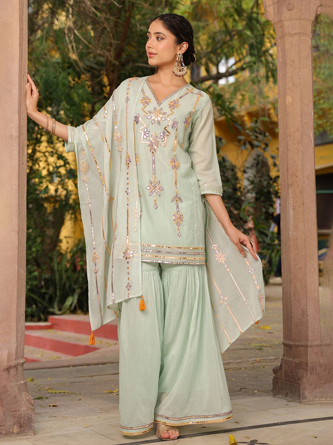 SCAKHI Women Pista Green Mulmul Gota Embroidered Kurta Sharara Set With Dupatt