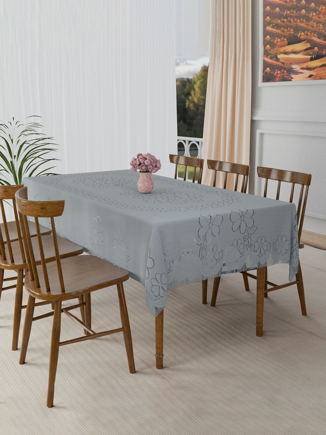 Aura Grey Self Flower Jhalar Cotton 60x90 Inch 6 Seater Dining Table Cover