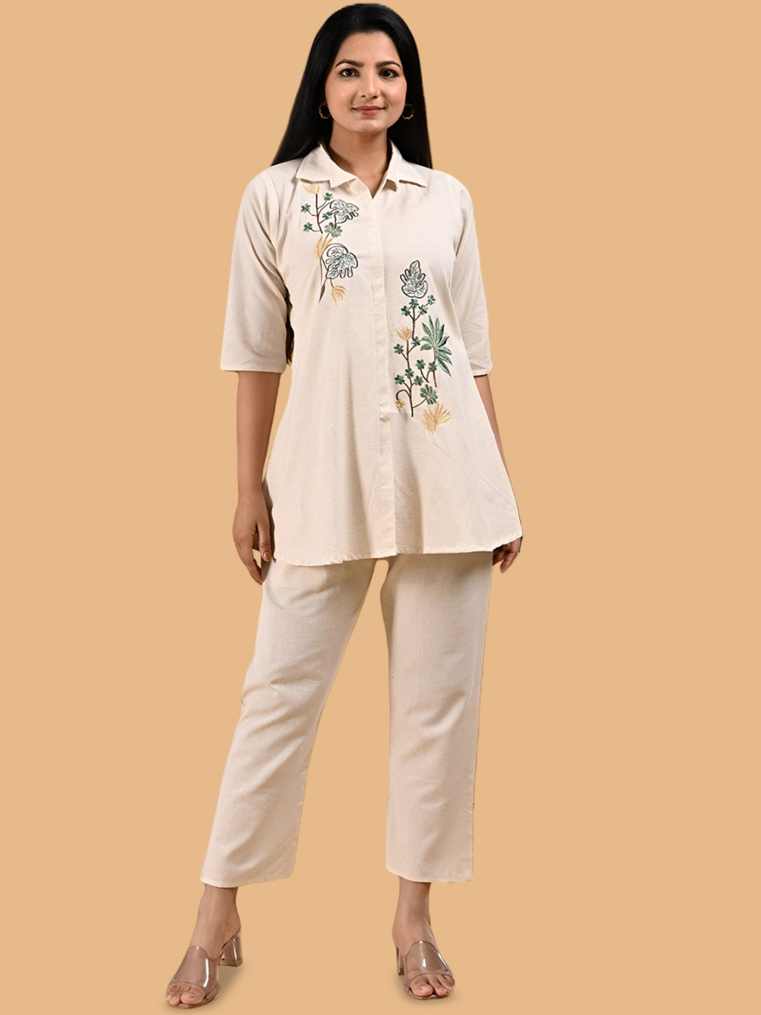THIRD QUADRANT Khadi Cotton Embroidered Collor Neck Top With Trousers Co-Ords