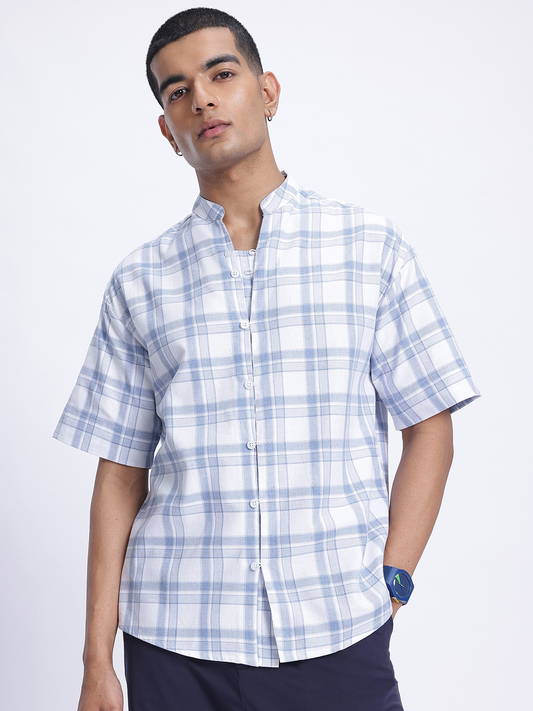 glitchez Checkered Drop-Shoulder Sleeve Relaxed Fit Shirt