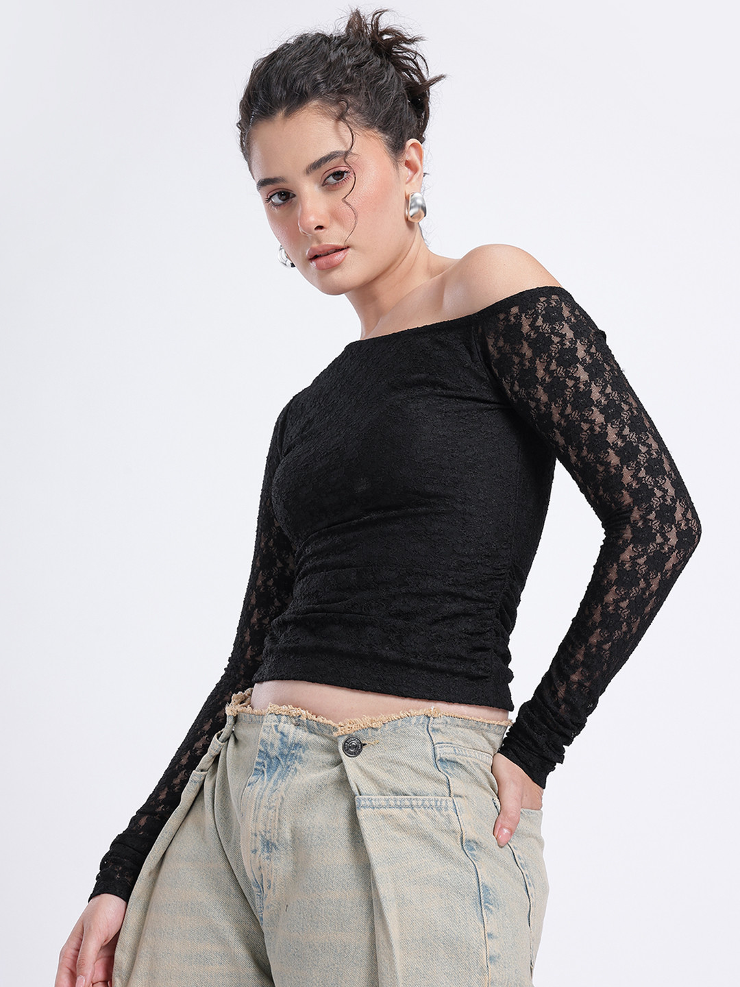 glitchez Asymmetric One Shoulder Bodycon Crop Ruched Lace Top