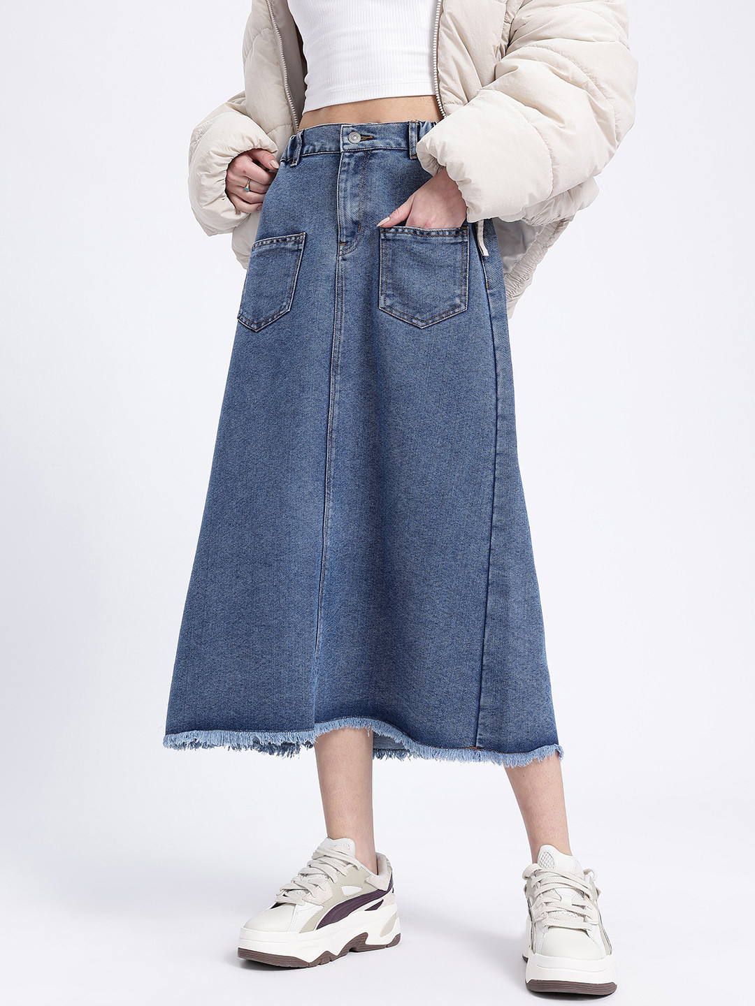 glitchez Denim Frayed Hem Midi A-Line Skirt
