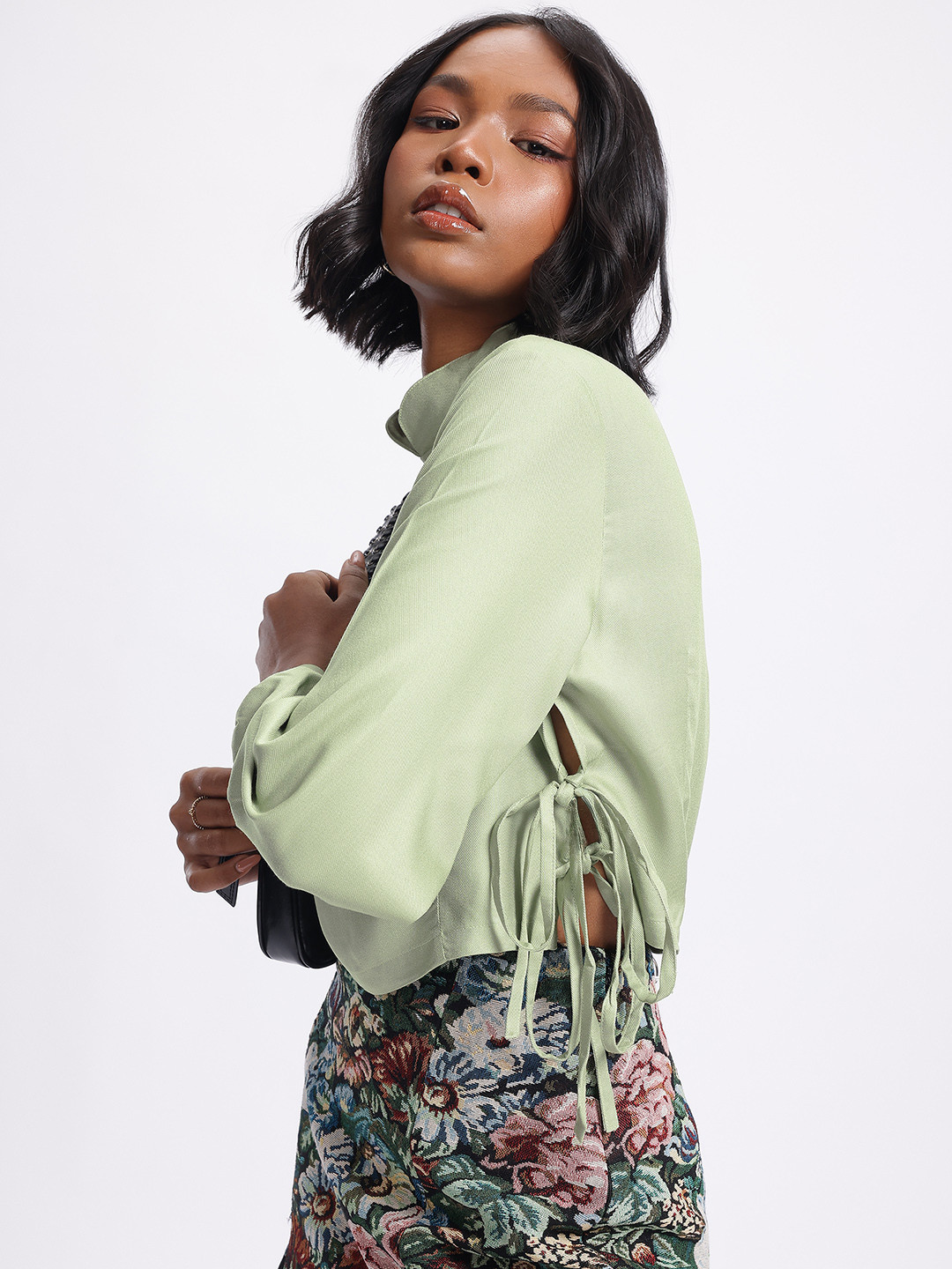 glitchez Stand Collar Side Tie-Ups Boxy Top