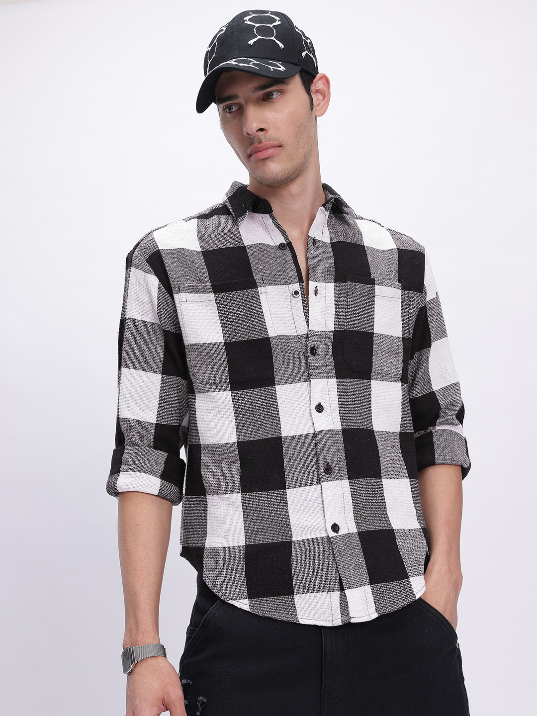 glitchez Curved Pattern Checked Shirt